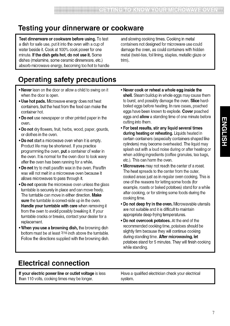 Testing your dinnerware or cookware, Operating safety precautions, Electrical connection | Kenmore 721.80609 User Manual | Page 7 / 33