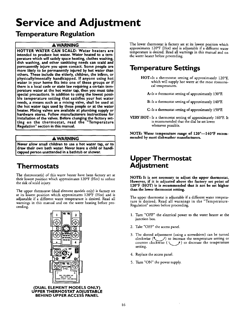 Service and adjustment, Temperature regulation, Thermostats | Temperature settings, Upper thermostat adjustment, Temperature regulation thermostats | Kenmore POWER MISER 153.327164 User Manual | Page 16 / 28