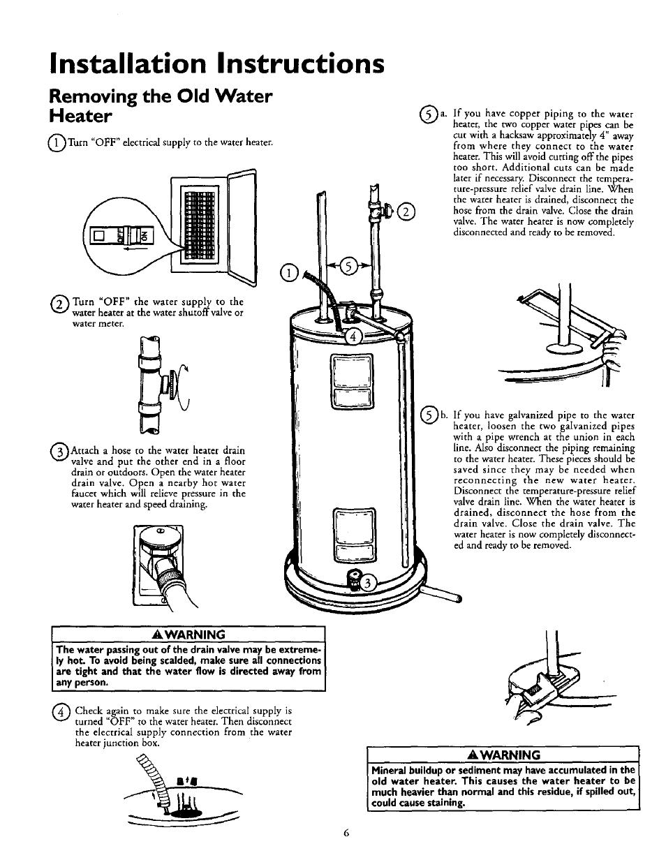 Installation instructions, Removing the old water heater | Kenmore POWER MISER 153.327164 User Manual | Page 6 / 28