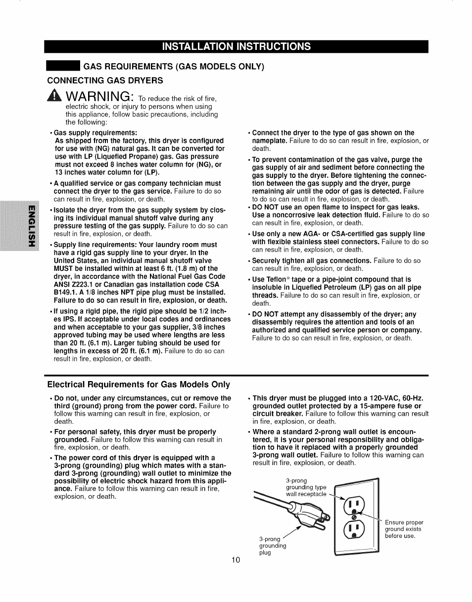 Electrical requirements for gas models only, A warning | Kenmore ELITE 796.7927# User Manual | Page 10 / 72