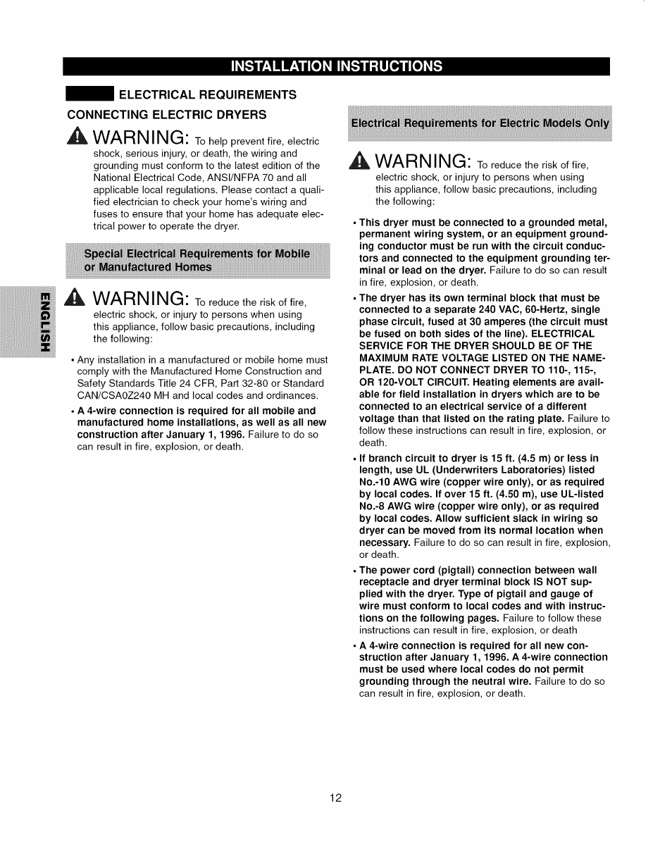 Electrical requirements connecting electric dryers, Electrical requirements for electric models only, Warning | 5 a warning | Kenmore ELITE 796.7927# User Manual | Page 12 / 72