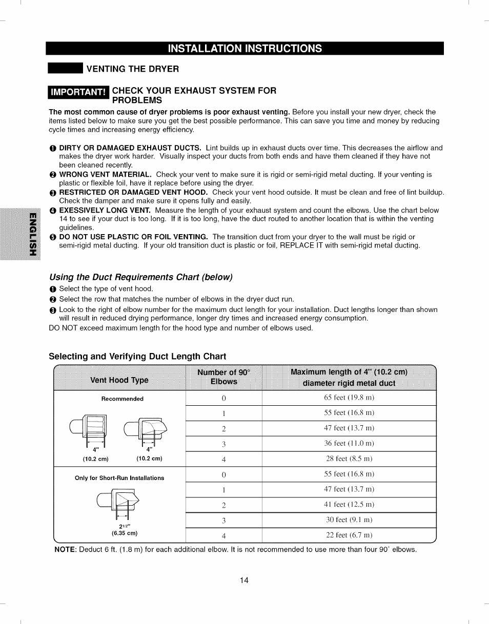 Check your exhaust system for problems, Using the duct requirements chart (beiow), Selecting and verifying duct length chart | Vent hood type, Number of 90 elbows | Kenmore ELITE 796.7927# User Manual | Page 14 / 72