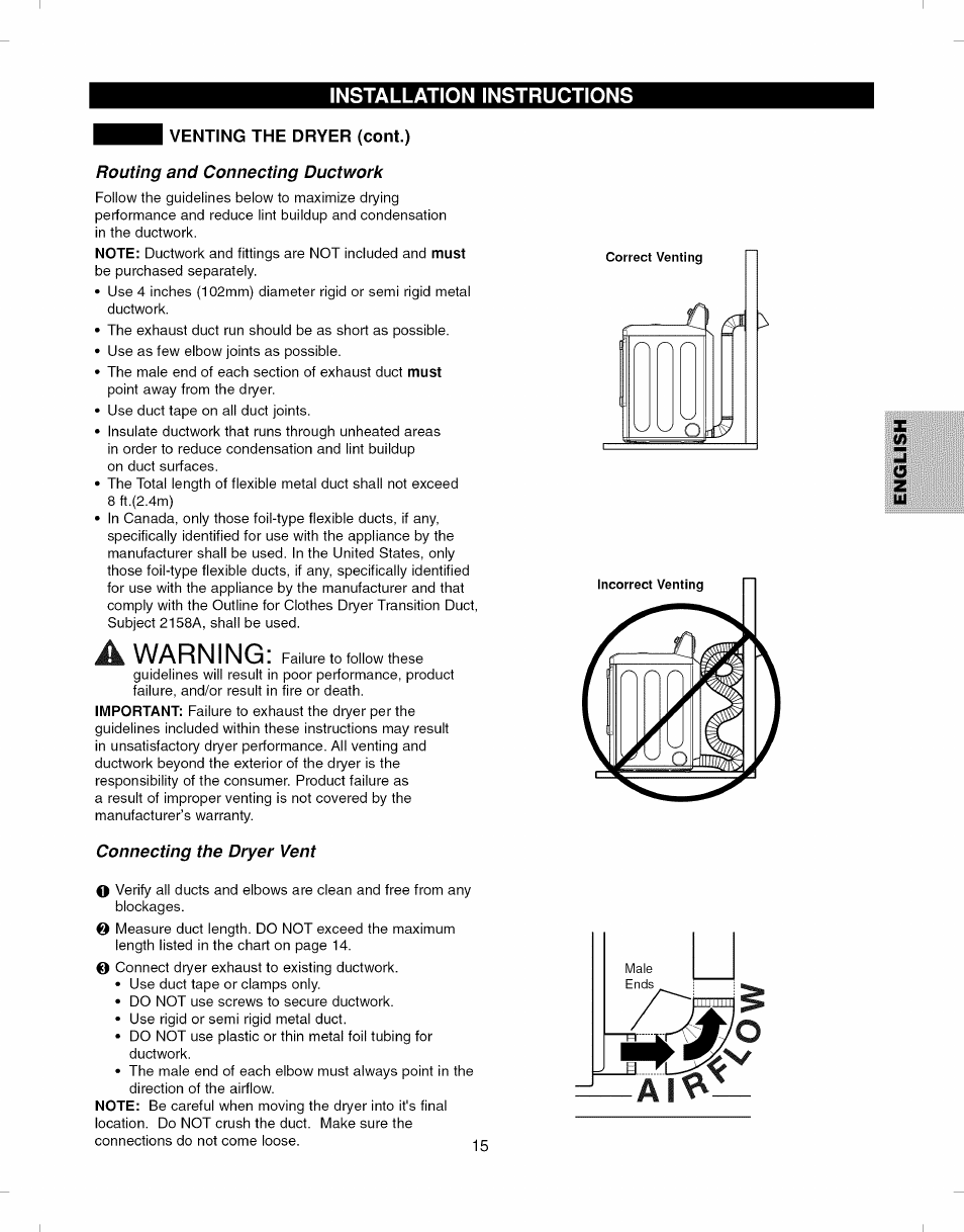 Routing and connecting ductwork, Connecting the dryer vent, A warning | Kenmore ELITE 796.7927# User Manual | Page 15 / 72