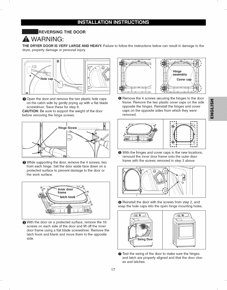 A warning, Warning, Installation instructions | Kenmore ELITE 796.7927# User Manual | Page 17 / 72