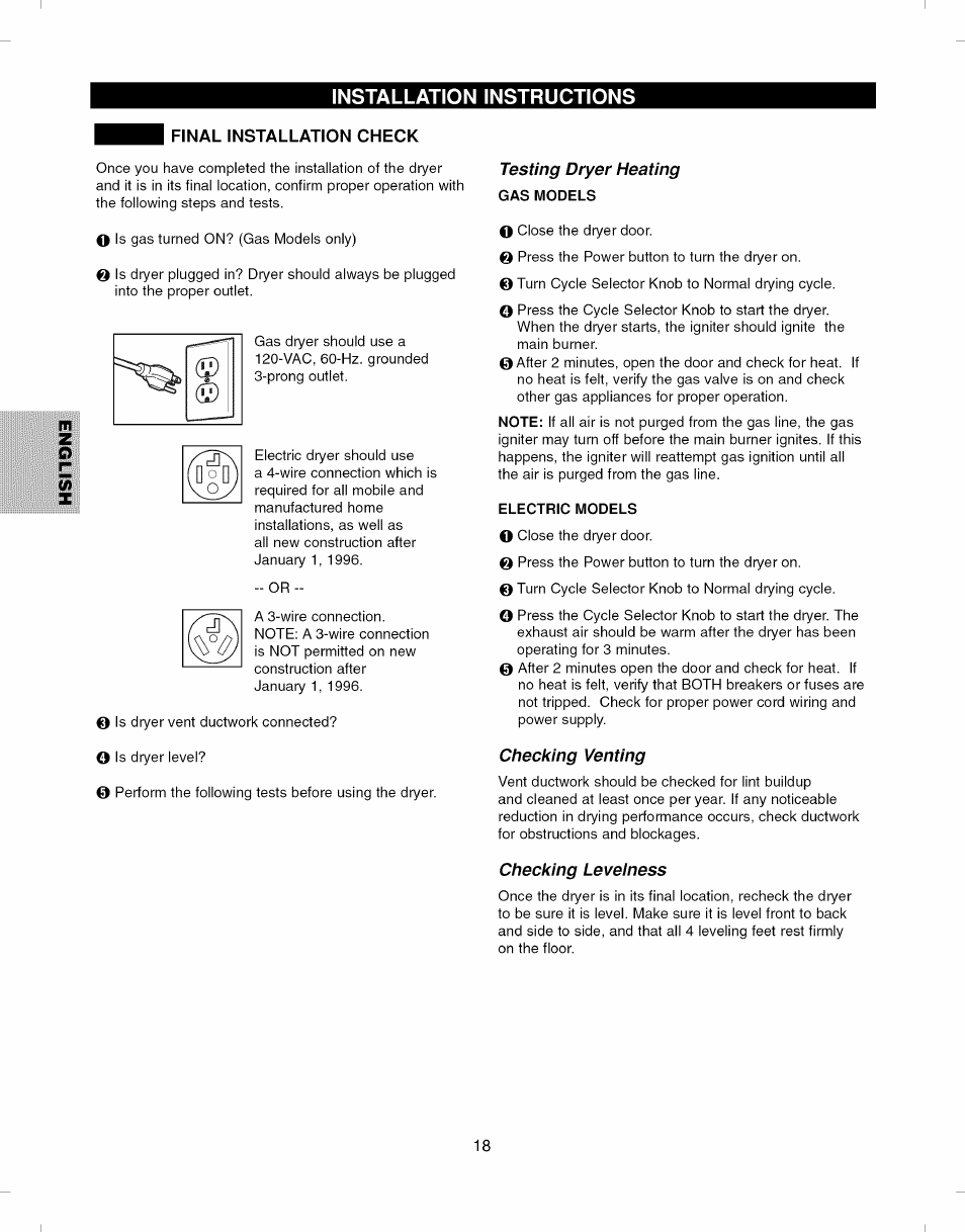 Final installation check, Testing dryer heating, Gas models | Electric models, Checking venting, Checking leveiness | Kenmore ELITE 796.7927# User Manual | Page 18 / 72