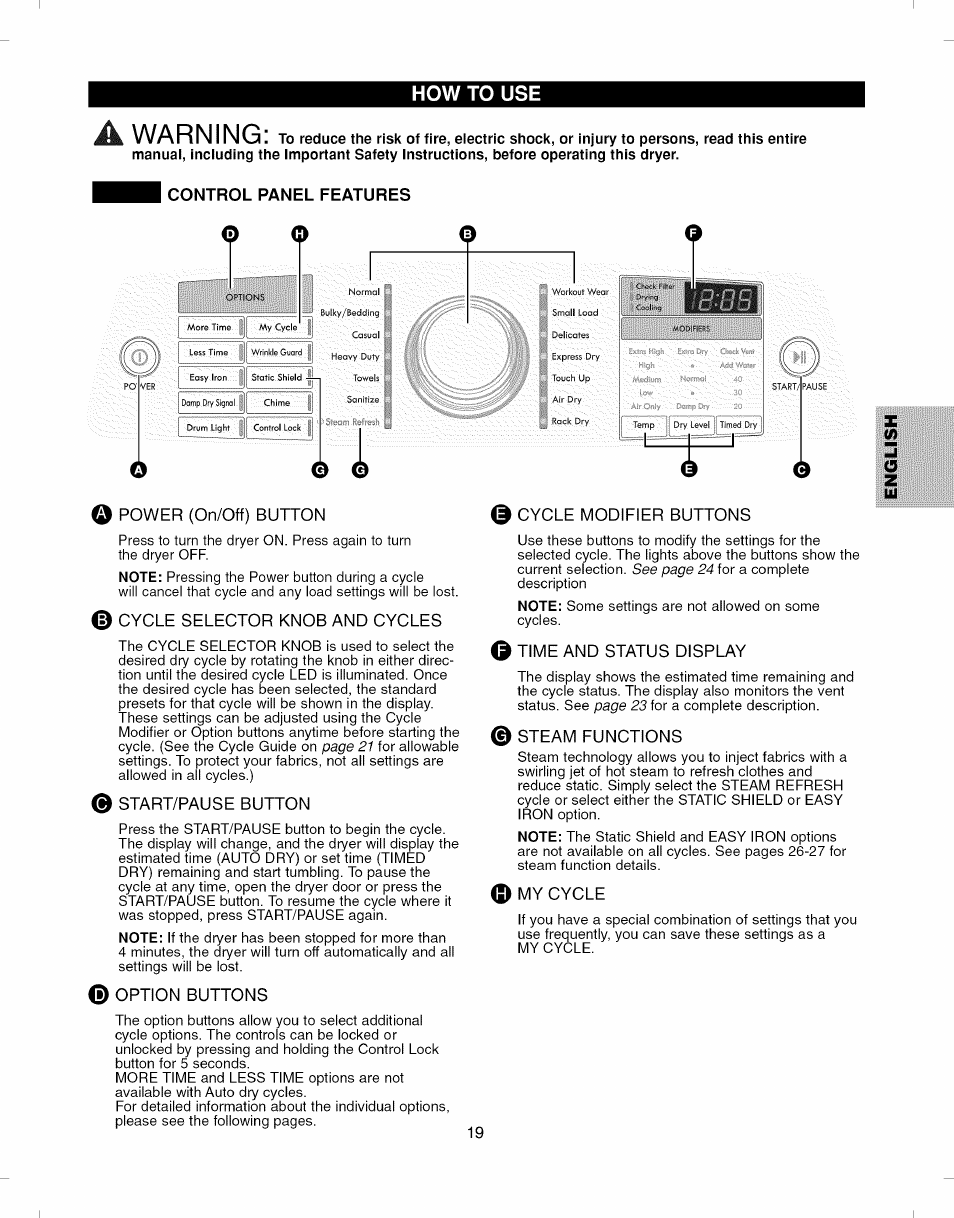 Control panel features, 0 0 o, O power (on/off) button | 0 cycle selector knob and cycles, 0 start/pause button, 0 option buttons, 0 cycle modifier buttons, 0 time and status display, 0 steam functions, My cycle | Kenmore ELITE 796.7927# User Manual | Page 19 / 72