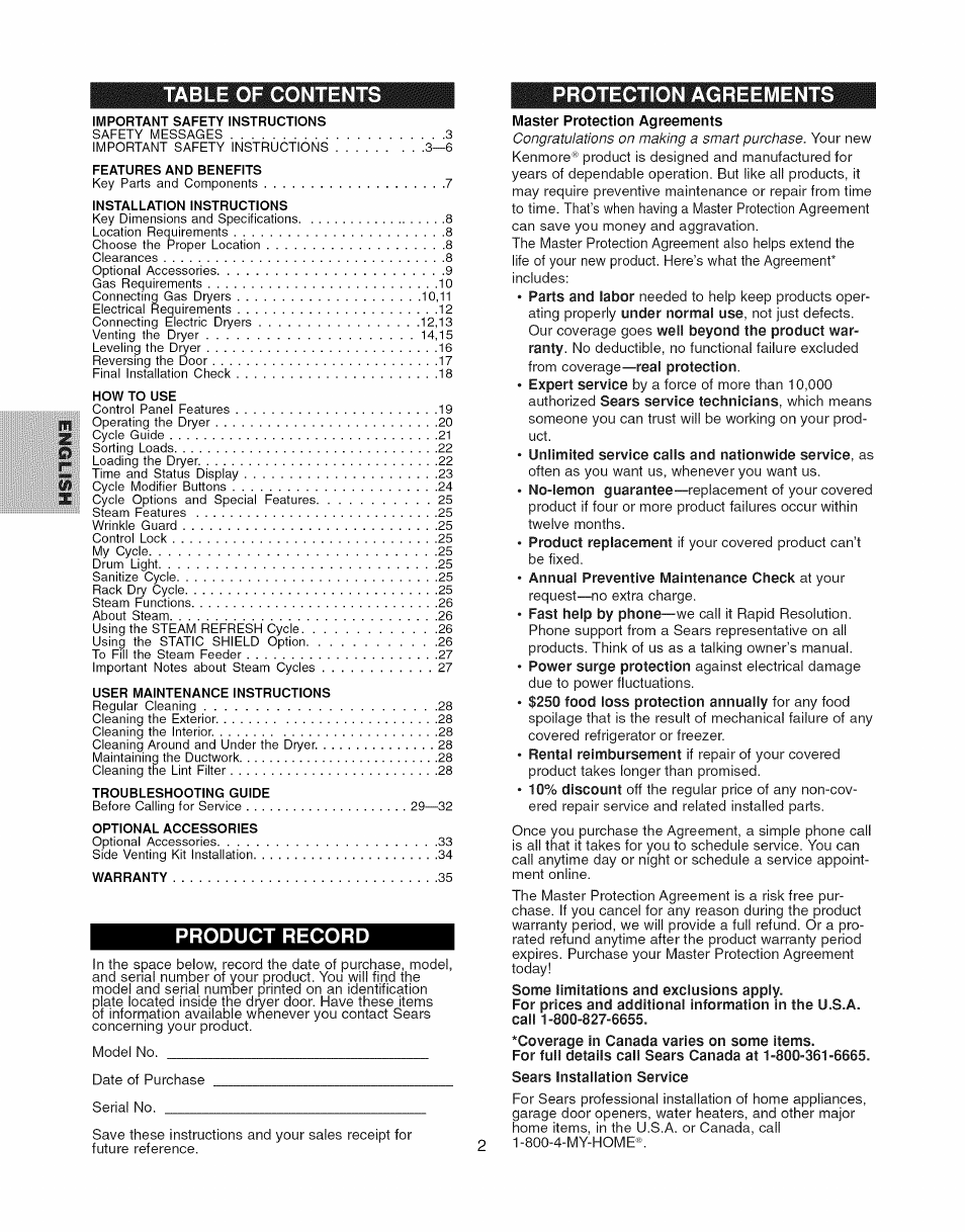 Master protection agreements, Unlimited service calls and nationwide service, as, Some limitations and exclusions apply | Coverage in canada varies on some items, Sears installation service, Table of contents protection agreements, Product record | Kenmore ELITE 796.7927# User Manual | Page 2 / 72