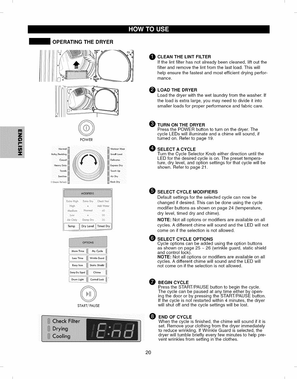 Check filter, Drying, Cooling | Q clean the lint filter, Q load the dryer, O turn on the dryer, O select a cycle, Select cycle modifiers, Select cycle options, Begin cycle | Kenmore ELITE 796.7927# User Manual | Page 20 / 72