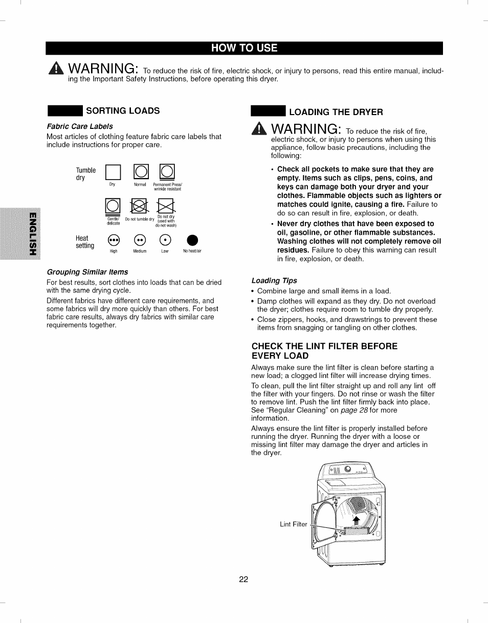 Sorting loads, Check the lint filter before every load, Warning | O ;q: :x | Kenmore ELITE 796.7927# User Manual | Page 22 / 72