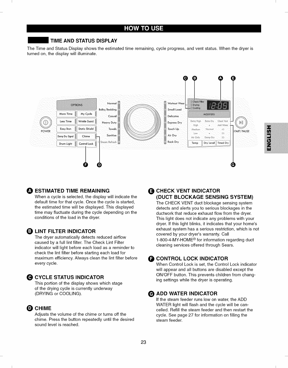 Time and status display, Estimated time remaining, Lint filter indicator | 0 cycle status indicator, O chime, 0 check vent indicator, Duct blockage sensing system), 0 control lock indicator, 0 add water indicator, How to use | Kenmore ELITE 796.7927# User Manual | Page 23 / 72