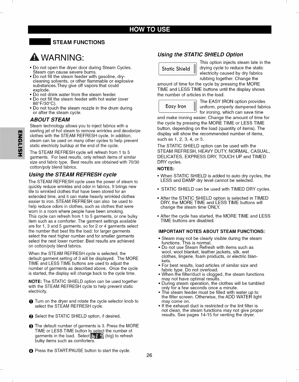 Steam functions, A warning, Warning | Kenmore ELITE 796.7927# User Manual | Page 26 / 72