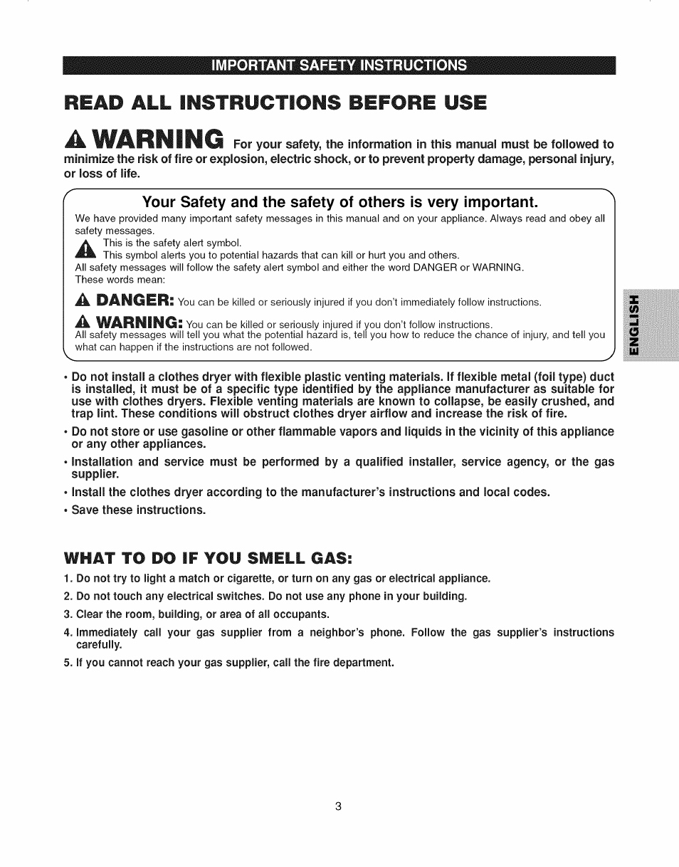 A warning, Read all instructions before use, A danger | What to do if you smell gas | Kenmore ELITE 796.7927# User Manual | Page 3 / 72