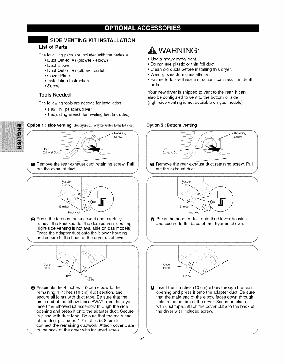 Side venting kit installation list of parts, Tools needed, A warning | Side venting kit installation, Warning | Kenmore ELITE 796.7927# User Manual | Page 34 / 72