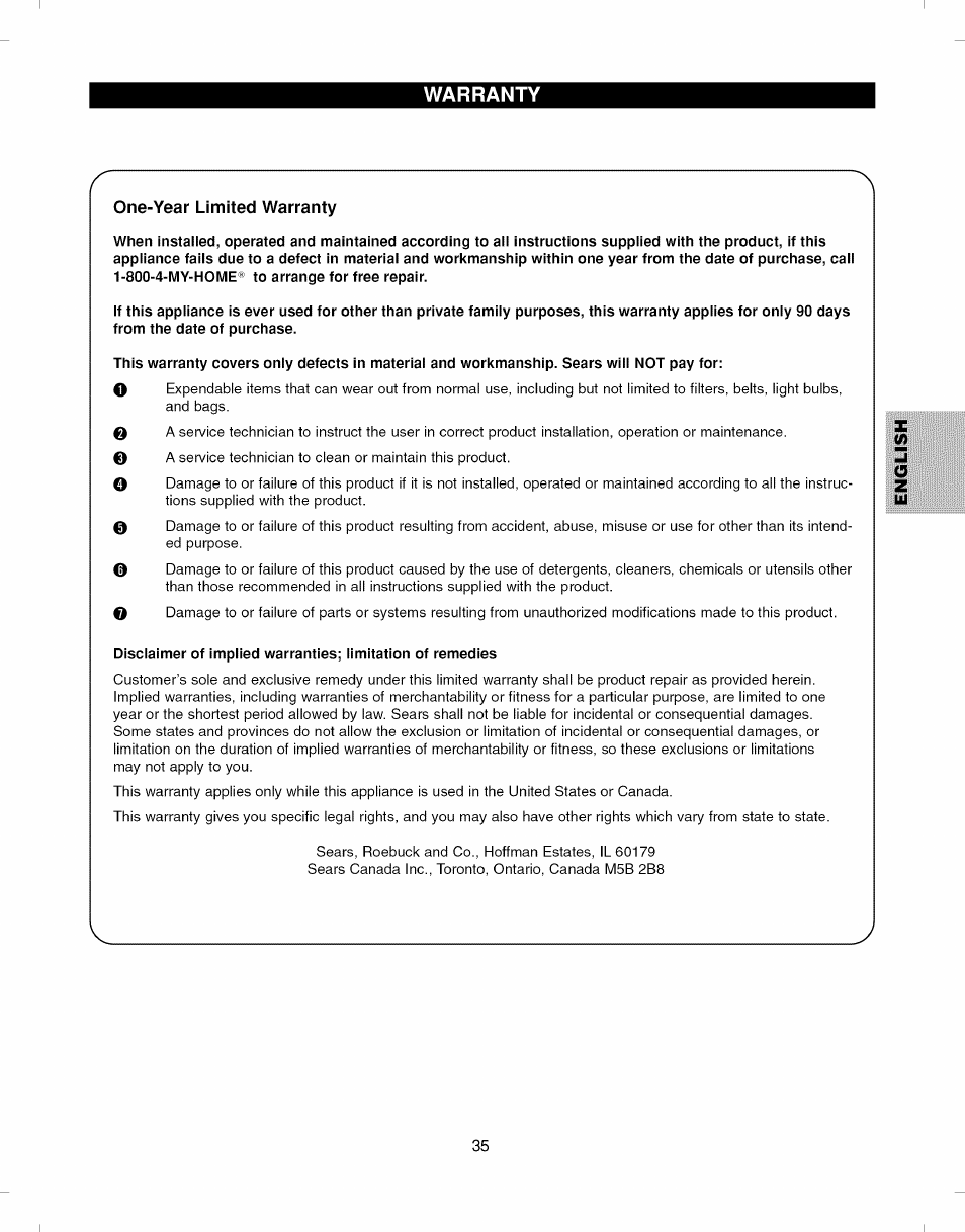 Warranty, One-year limited warranty, 800-4-my-home " to arrange for free repair | From the date of purchase | Kenmore ELITE 796.7927# User Manual | Page 35 / 72