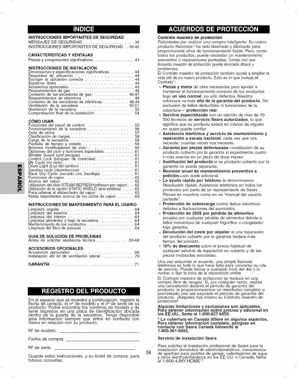 Servicio de instalación sears, Indice acuerdos de proteccion, Registro del producto | Kenmore ELITE 796.7927# User Manual | Page 38 / 72