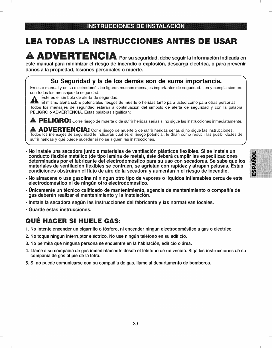 A advertencia, Lea todas la instrucciones antes de usar, A peligro | A adwertencia, Qué hacer si huele gas | Kenmore ELITE 796.7927# User Manual | Page 39 / 72