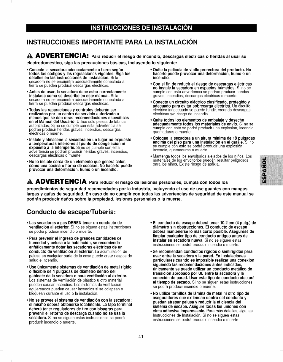 Advertencia, Instrucciones importante para la instalacion, Conducto de escape/tubería | Kenmore ELITE 796.7927# User Manual | Page 41 / 72