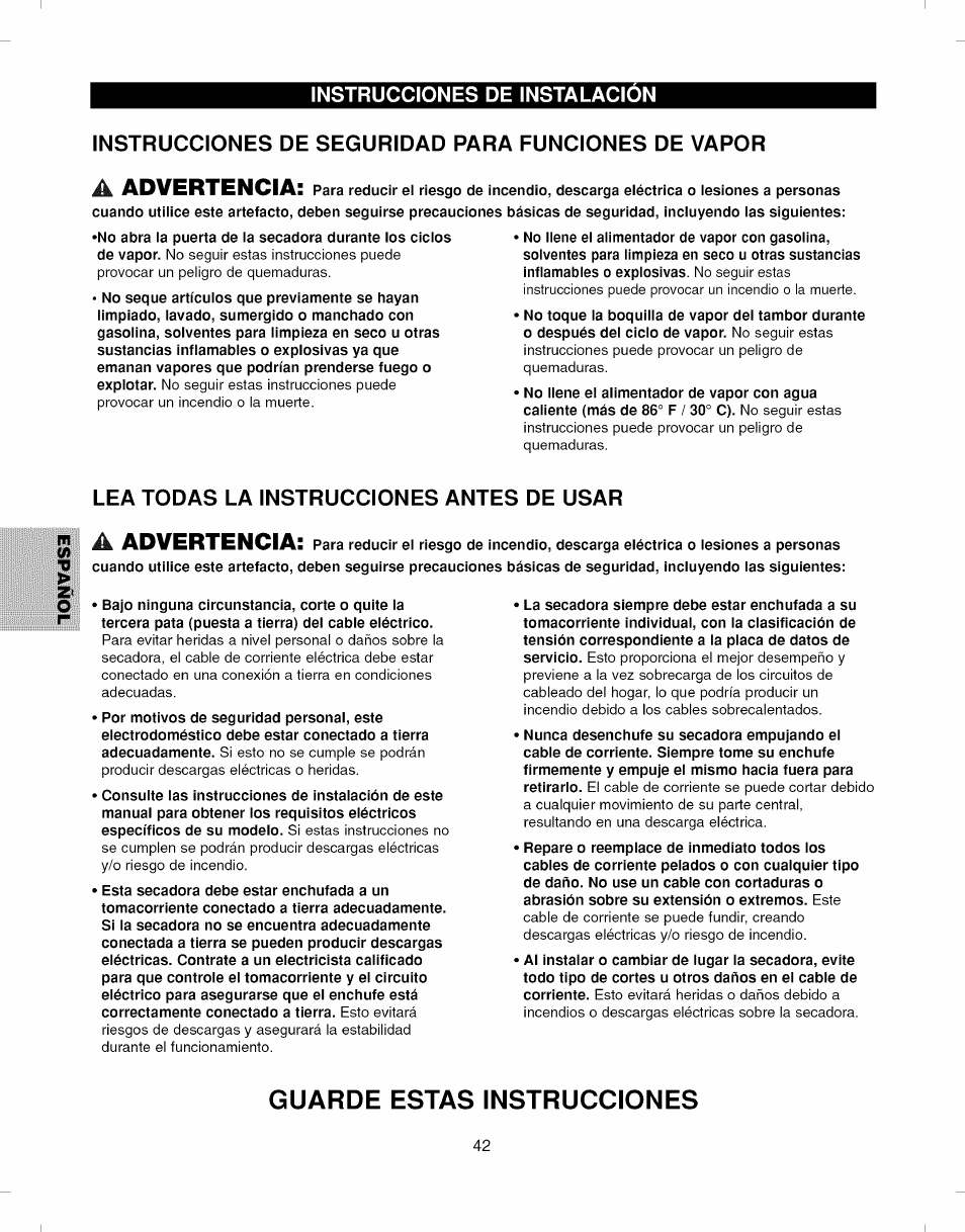 Guarde estas instrucciones, Advertencia, A advertencia | Instrucciones de seguridad para funciones de vapor, Lea todas la instrucciones antes de usar | Kenmore ELITE 796.7927# User Manual | Page 42 / 72