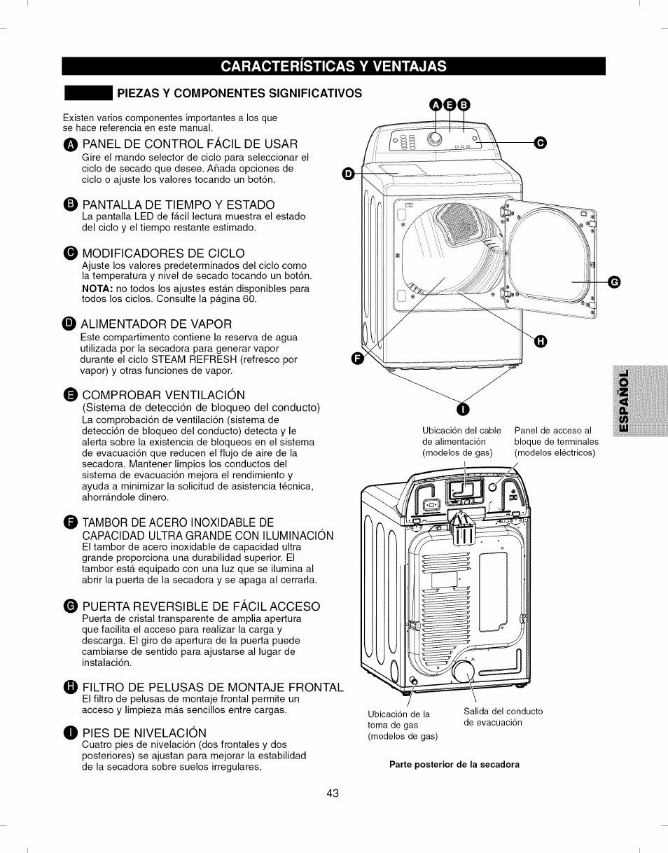 Caracteristicas y ventajas, Piezas y componentes significativos, Q panel de control fácil de usar | O pantalla de tiempo y estado, Q modificadores de ciclo, Alimentador de vapor, Comprobar ventilación, Sistema de detección de bloqueo del conducto), Q tambor de acero inoxidable de, Capacidad ultra grande con iluminación | Kenmore ELITE 796.7927# User Manual | Page 43 / 72