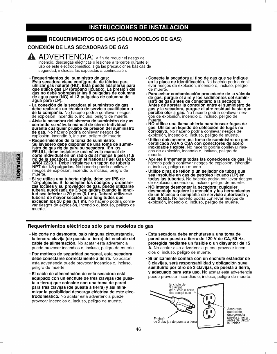 Requerimientos eiéctricos sóio para modeios de gas, Advertencia | Kenmore ELITE 796.7927# User Manual | Page 46 / 72