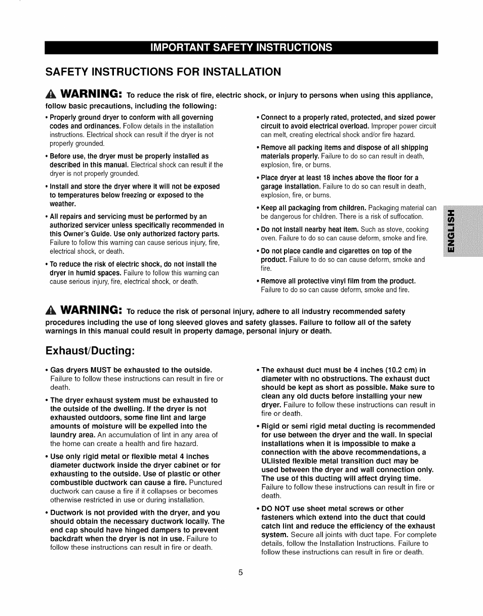 Safety instructions for installation, Exhaust/ducting, A warning | Kenmore ELITE 796.7927# User Manual | Page 5 / 72