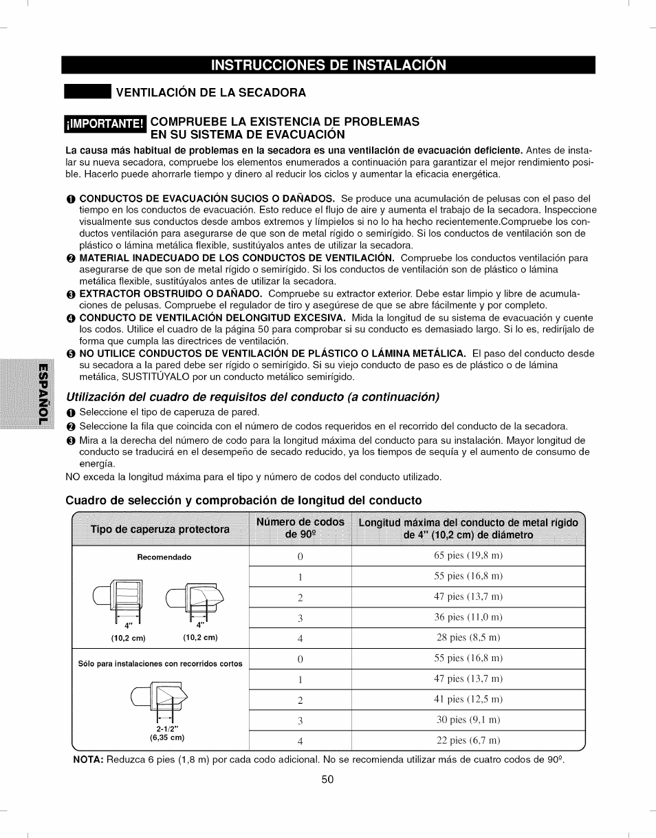 Tipo de caperuza protectora, Instrucciones de instalacion | Kenmore ELITE 796.7927# User Manual | Page 50 / 72