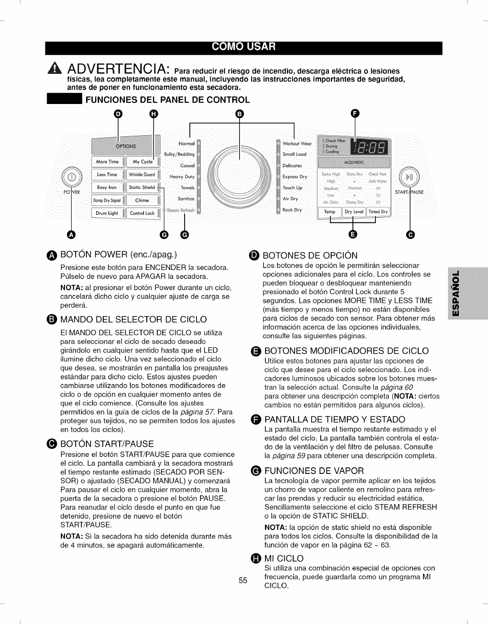 Funciones del panel de control, 0 0 o, Q botón power (enc./apag.) | 0 mando del selector de ciclo, 0 botón start/pause, Botones de opcion, Botones modificadores de ciclo, Pantalla de tiempo y estado, Funciones de vapor, Mi ciclo | Kenmore ELITE 796.7927# User Manual | Page 55 / 72