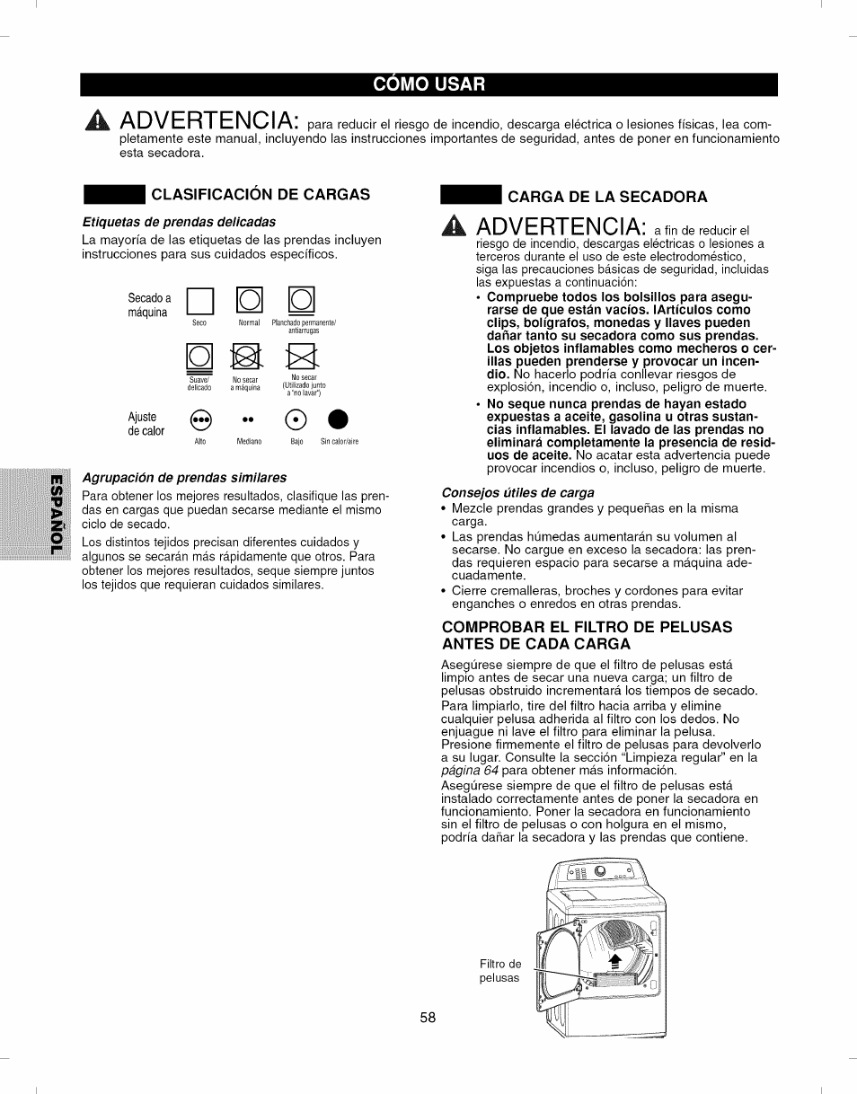 Clasificacion de cargas, Comprobar el filtro de pelusas antes de cada carga, Clasificación de cargas | Advertencia | Kenmore ELITE 796.7927# User Manual | Page 58 / 72