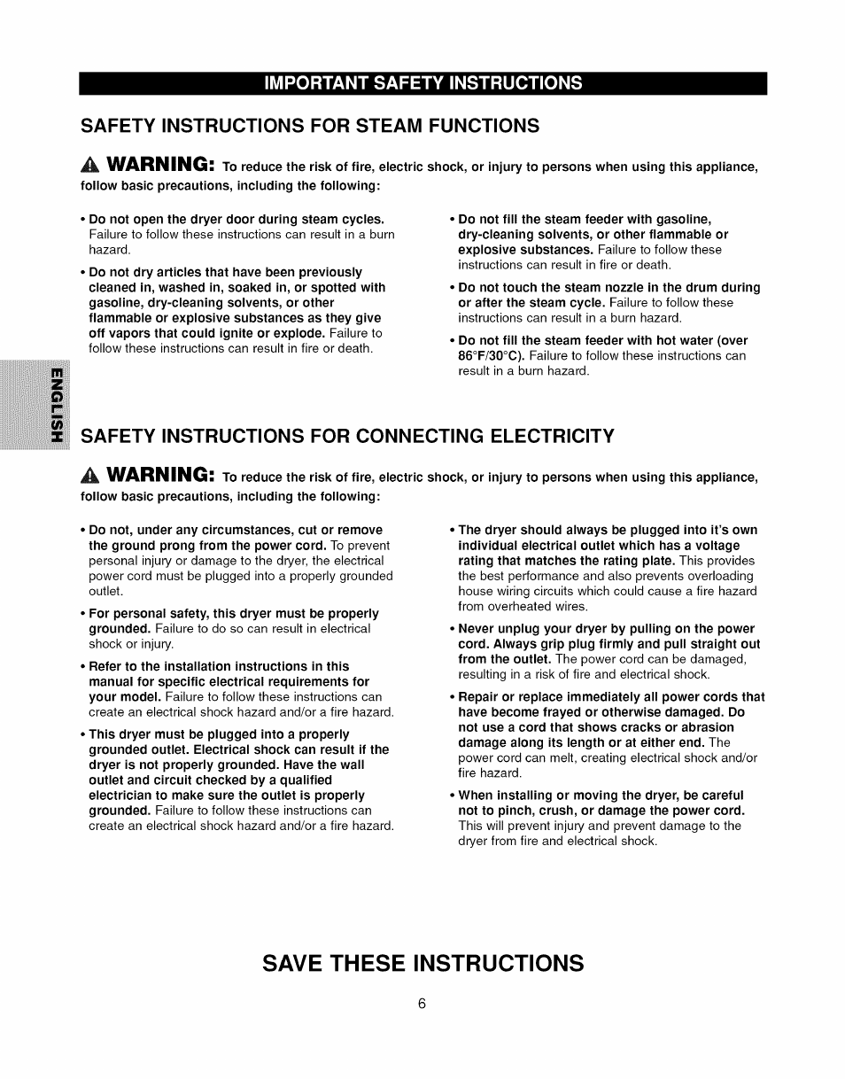 Safety instructions for steam functions, Safety instructions for connecting electricity, Save these instructions | A warning | Kenmore ELITE 796.7927# User Manual | Page 6 / 72