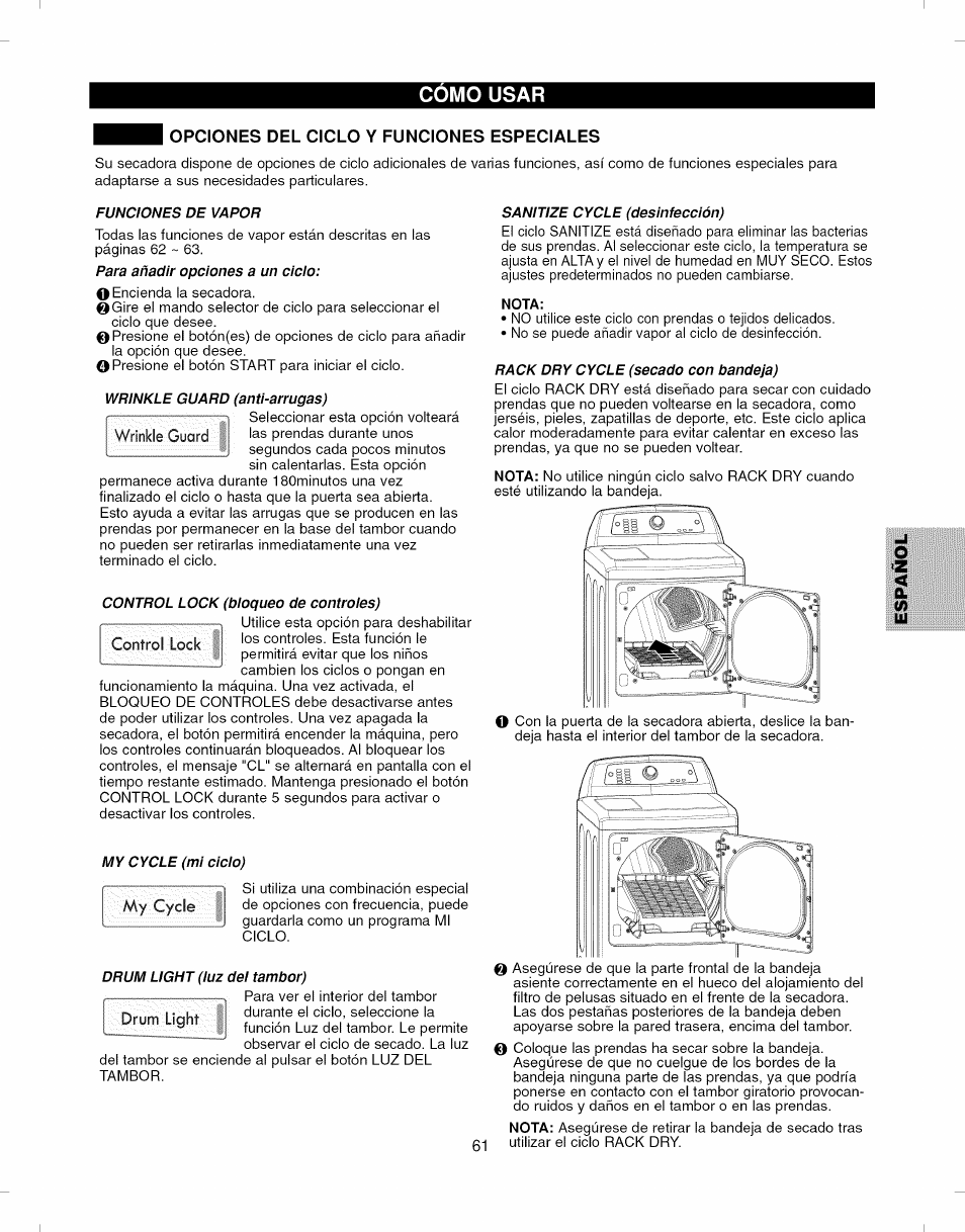 Opciones del ciclo y funciones especiales, Control lock, Nota | Cpciones del ciclo y funciones especiales, Como usar, Lock, My cycle i, Light | Kenmore ELITE 796.7927# User Manual | Page 61 / 72