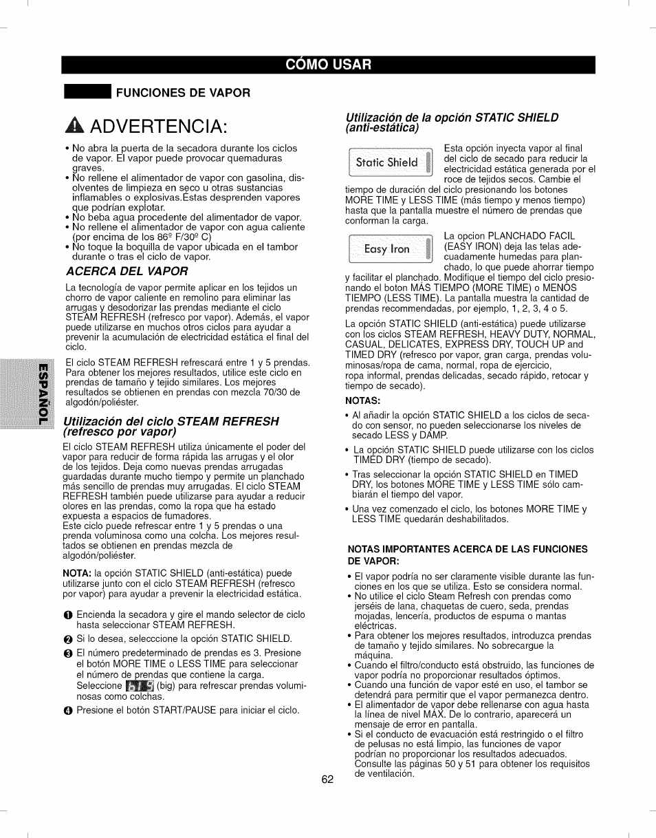 Funciones de vapor, A advertencia, Como usar | Kenmore ELITE 796.7927# User Manual | Page 62 / 72