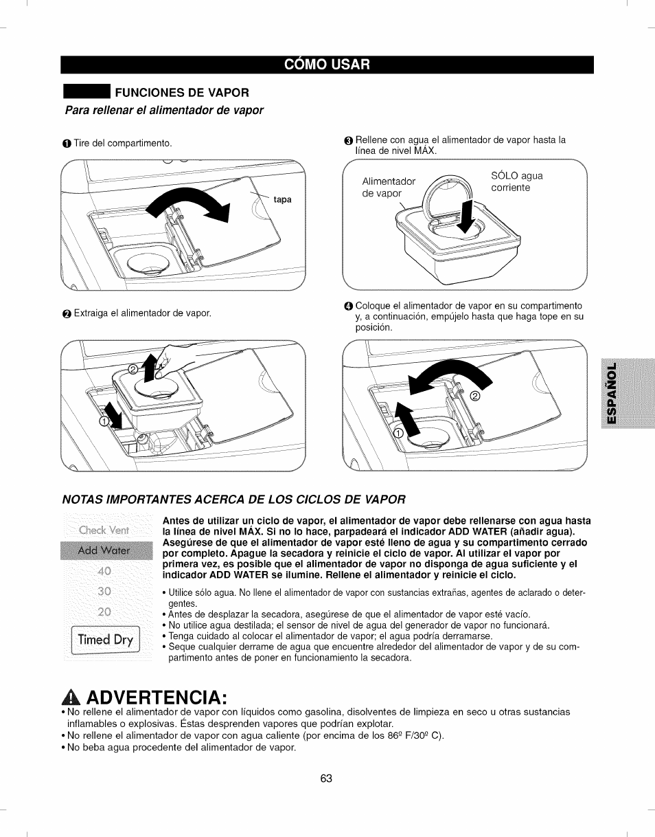 Funciones de vapor, A advertencia, Advertencia | Kenmore ELITE 796.7927# User Manual | Page 63 / 72