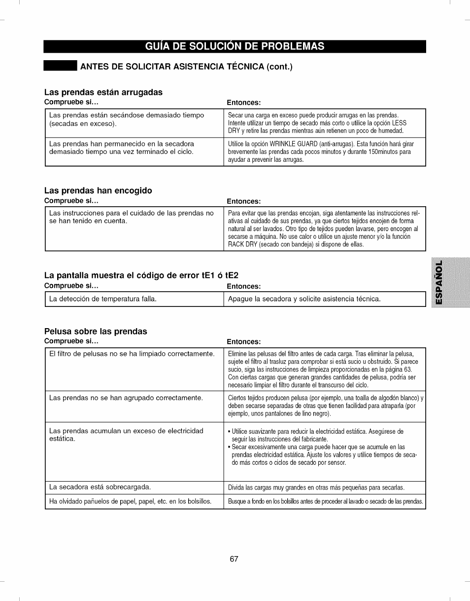 Antes de solicitar asistencia técnica (cont.), Las prendas están arrugadas, Las prendas han encogido | Guia de solucion de problemas | Kenmore ELITE 796.7927# User Manual | Page 67 / 72