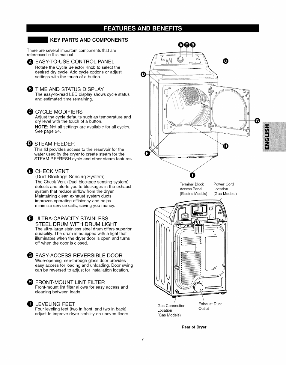 Features and benefits, Q easy-to-use control panel, O time and status display | Q cycle modifiers, O steam feeder, Check vent, Duct blockage sensing system), 0 easy-access reversible dccr, 0 frcnt-mcunt lint filter, O leveling feet | Kenmore ELITE 796.7927# User Manual | Page 7 / 72