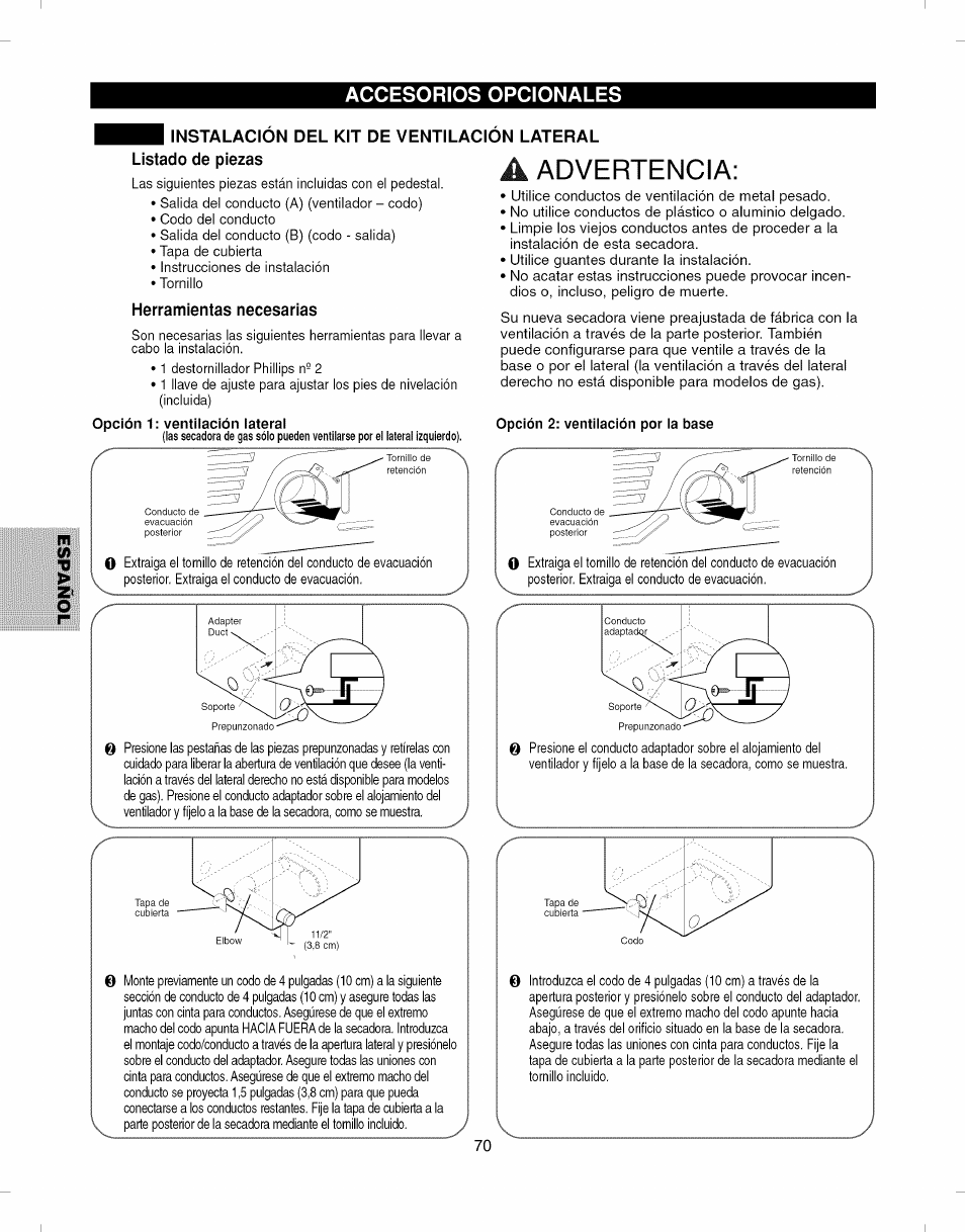 Instalacion del kit de ventilacion lateral, Listado de piezas, Herramientas necesarias | A advertencia, Opción 2: ventilación por la base, Instalación del kit de ventilación lateral, Advertencia | Kenmore ELITE 796.7927# User Manual | Page 70 / 72