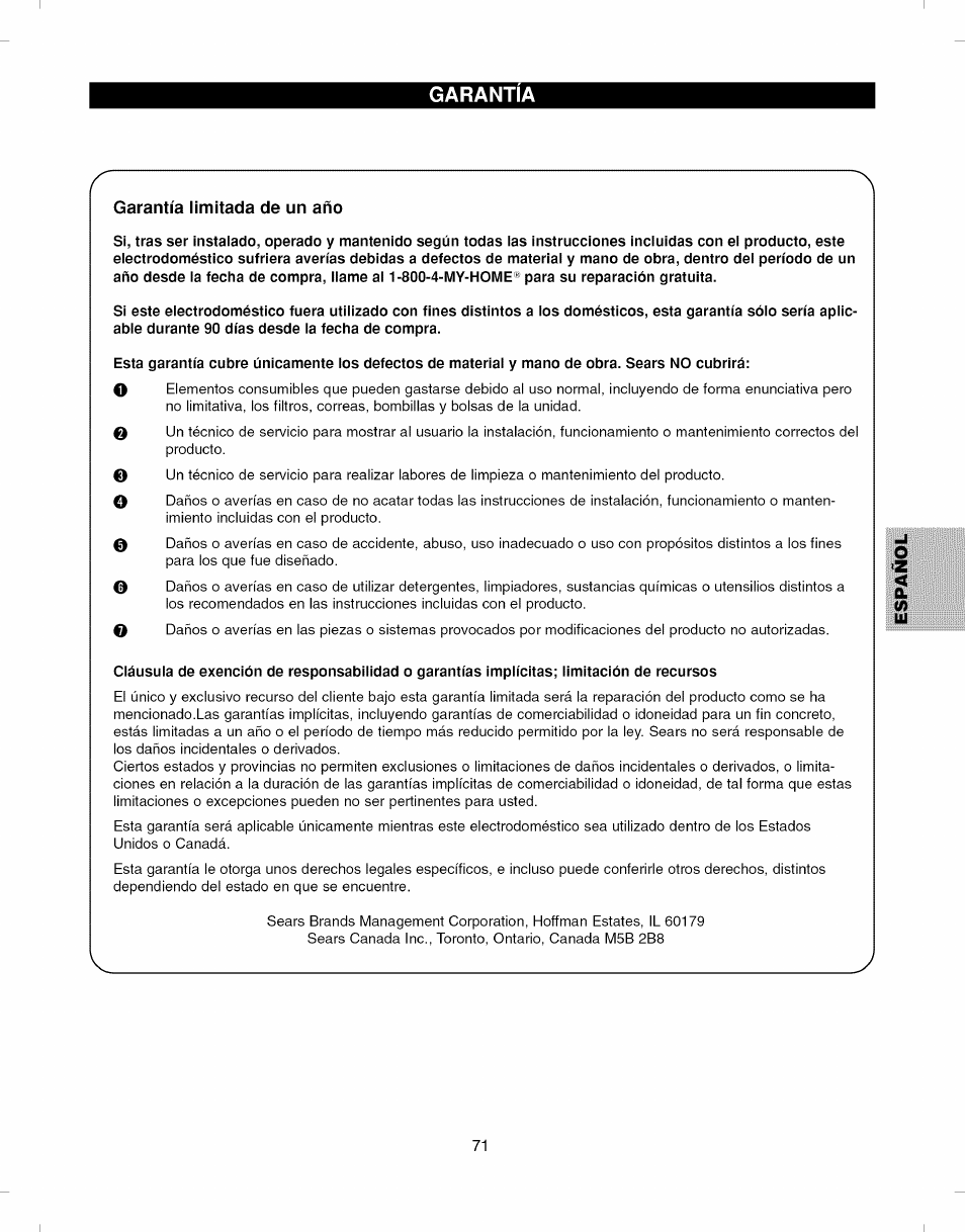 Garantia, Garantía limitada de un año, Garantía | Kenmore ELITE 796.7927# User Manual | Page 71 / 72