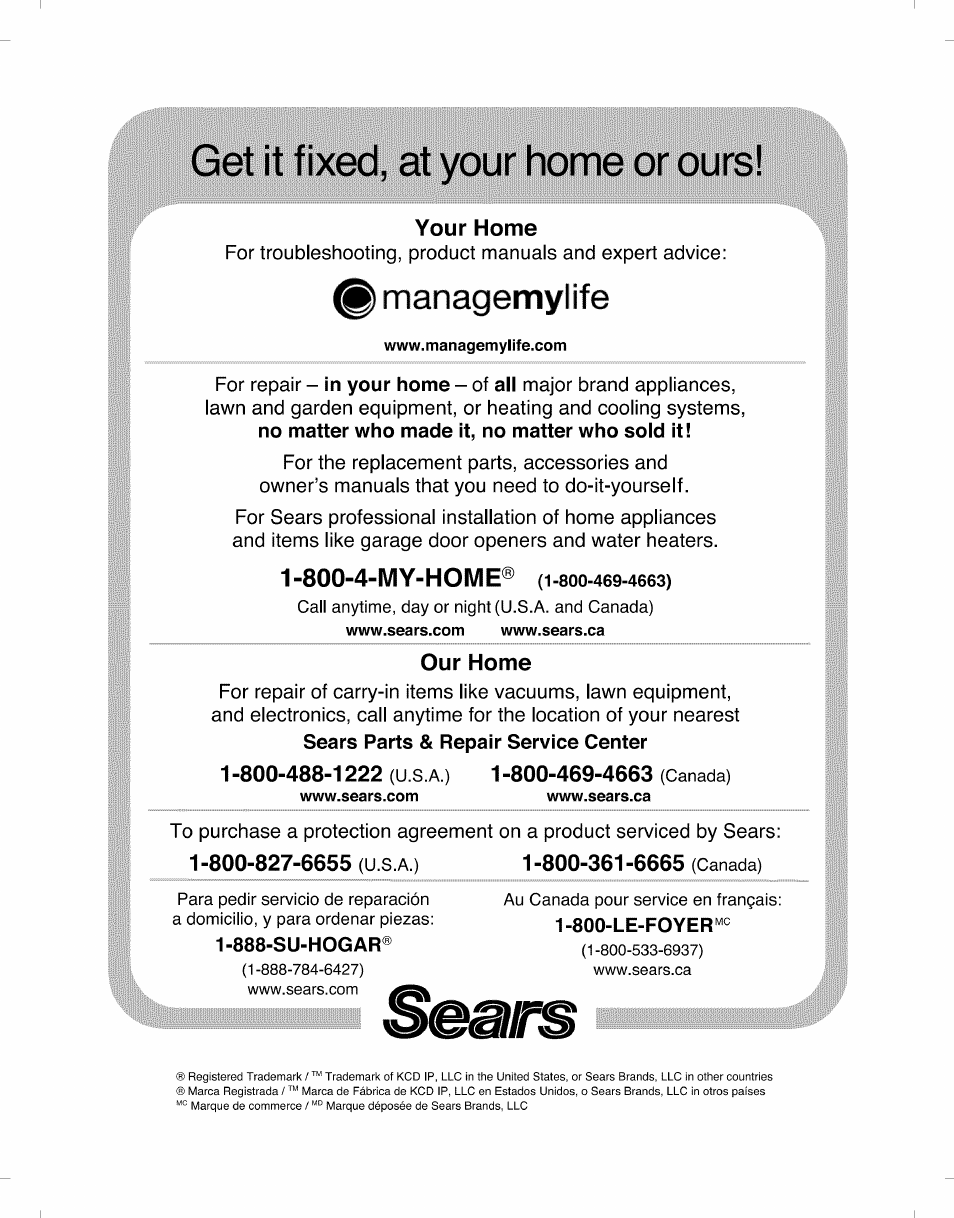 Get it fixed, at your home or ours, Managemylife, 800-4-my-home | Kenmore ELITE 796.7927# User Manual | Page 72 / 72