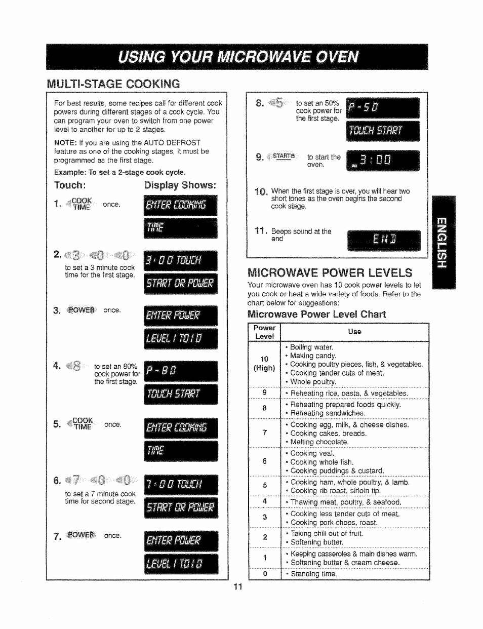 Multi-stage, Using your microwave oven, Cooking | Microwme power levels, Toycli: display shows, Mlcrowawe power level chart | Kenmore 721.61289 User Manual | Page 11 / 63