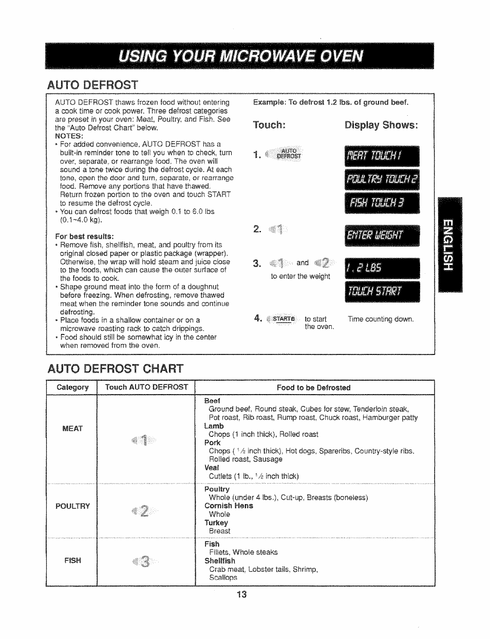 Using your microwave oven, Auto defrost, Auto defrost chart | Touch: display shows | Kenmore 721.61289 User Manual | Page 13 / 63