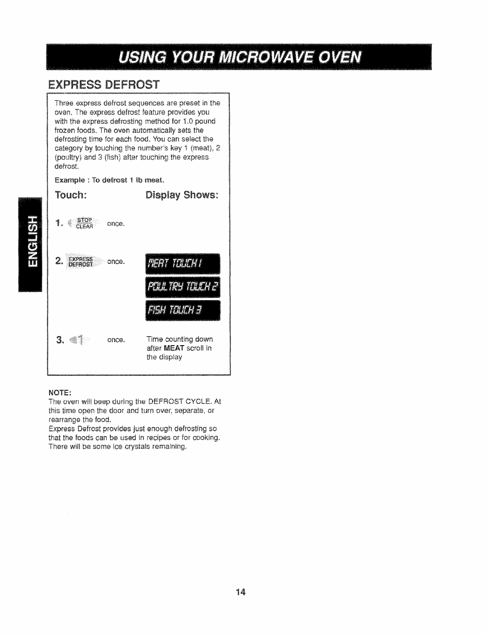 Using your microwave oven, Express defrost, R5h touch 3 | Touch: display shows: 1 | Kenmore 721.61289 User Manual | Page 14 / 63