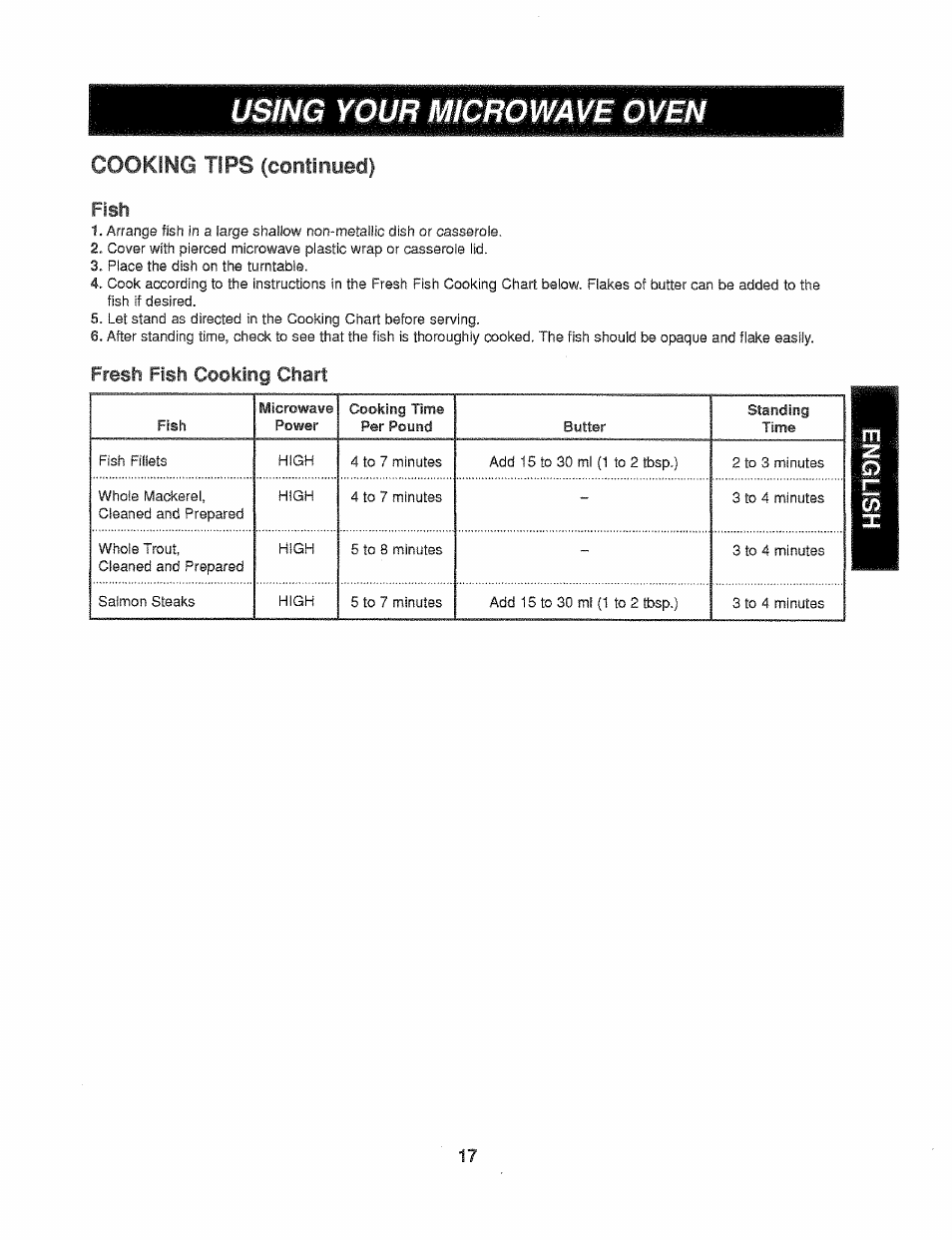 Using your microwave oven, Cooking tips (continued), Fish | Fresh fish cooking chart | Kenmore 721.61289 User Manual | Page 17 / 63