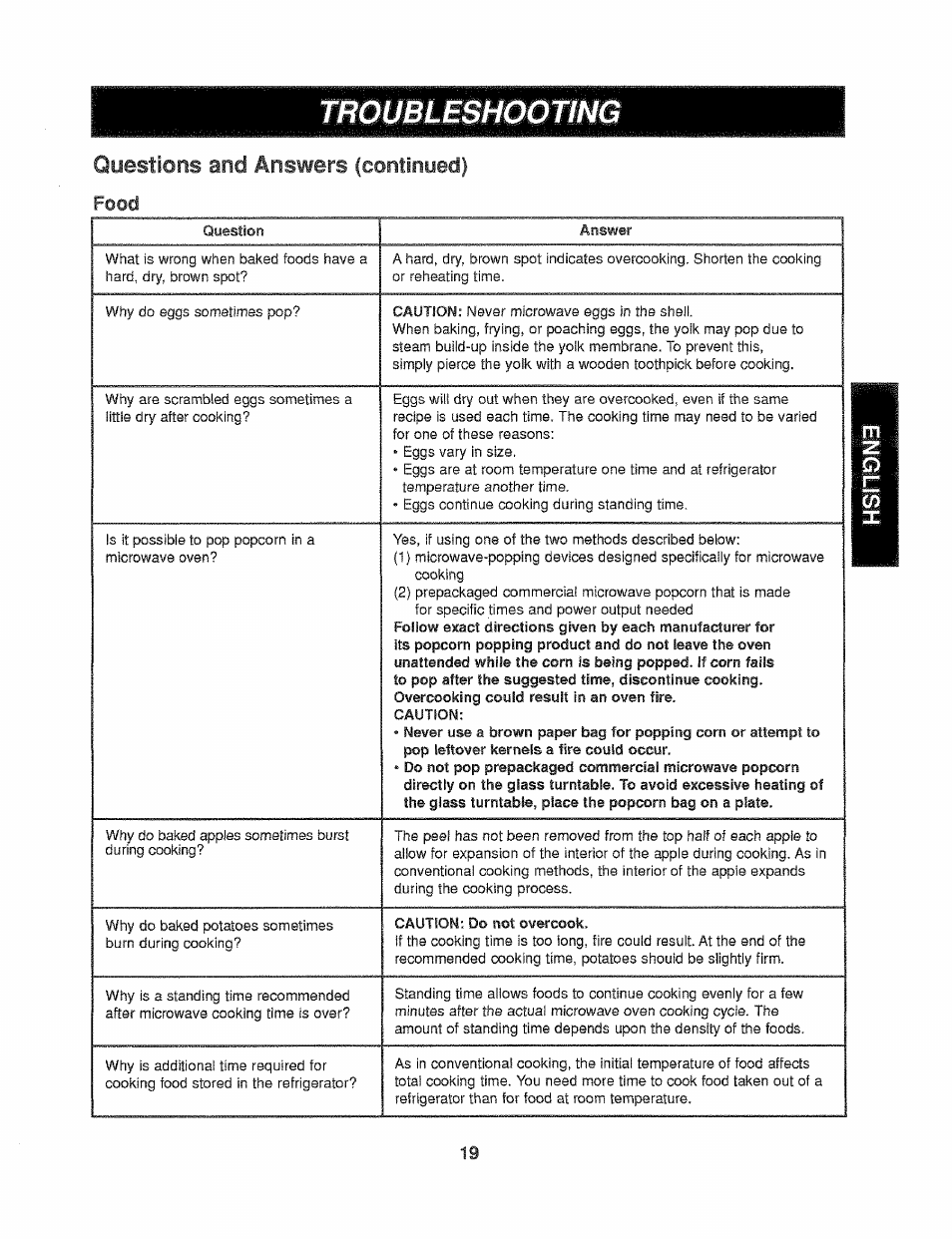 Troubleshooting, Questions and answers (continued), Food | Kenmore 721.61289 User Manual | Page 19 / 63