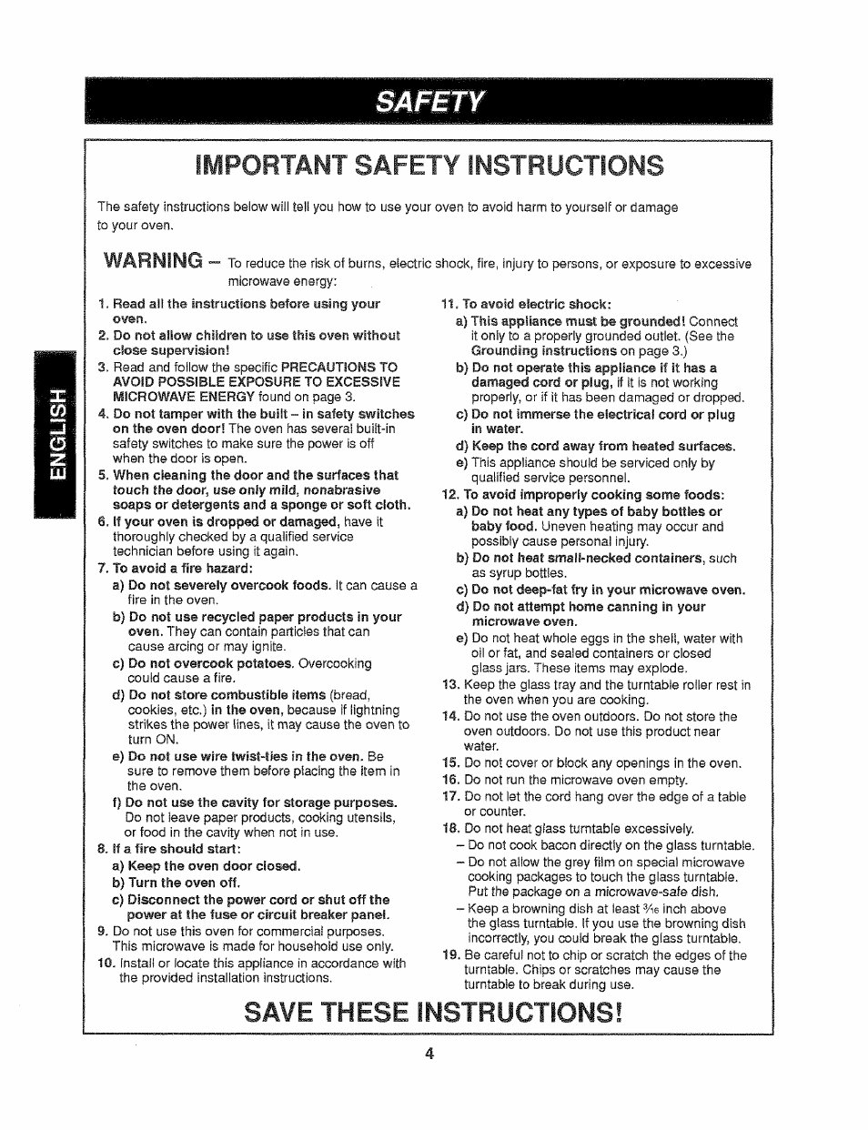 Important safety instructions, Save these instructions, Warning | Kenmore 721.61289 User Manual | Page 25 / 63