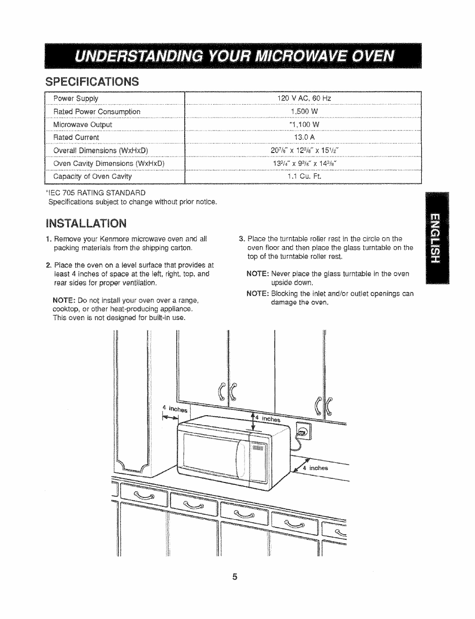 Understanding your microwave oven, Specific ations, Installation | Kenmore 721.61289 User Manual | Page 26 / 63