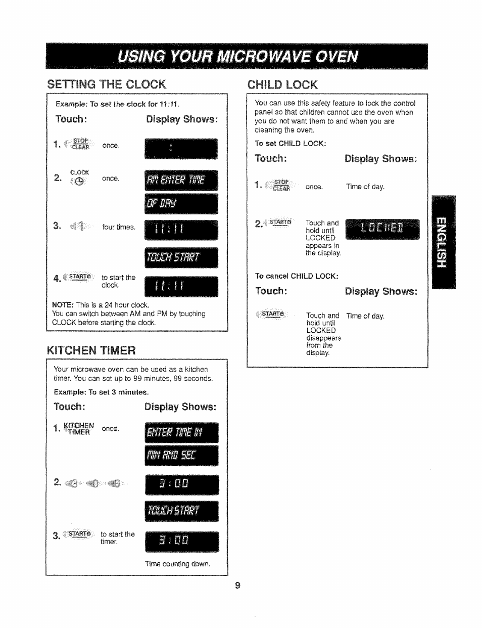 Using your microwave oven, Setting the clock, Kitchen timer | Child lock, Toych: display shows, Ioyeh, Display shows | Kenmore 721.61289 User Manual | Page 30 / 63