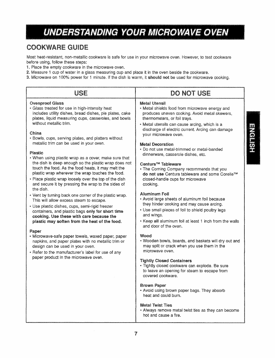 Understanding your microwave oven, Cookware guide, Use do not use | Kenmore 721.61289 User Manual | Page 49 / 63