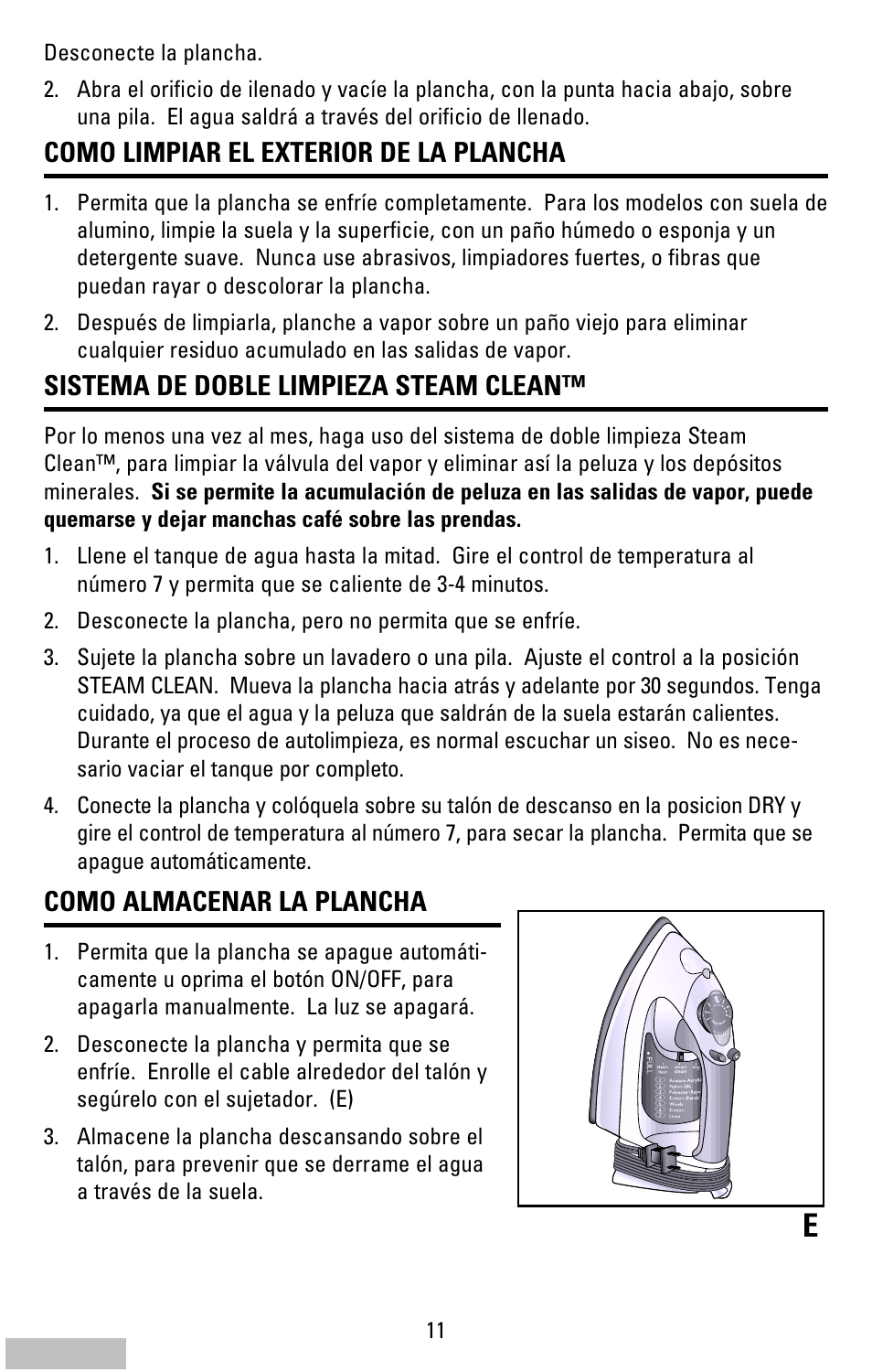 Como limpiar el exterior de la plancha, Sistema de doble limpieza steam clean, Como almacenar la plancha | Cover | Kenmore 62984 User Manual | Page 11 / 12