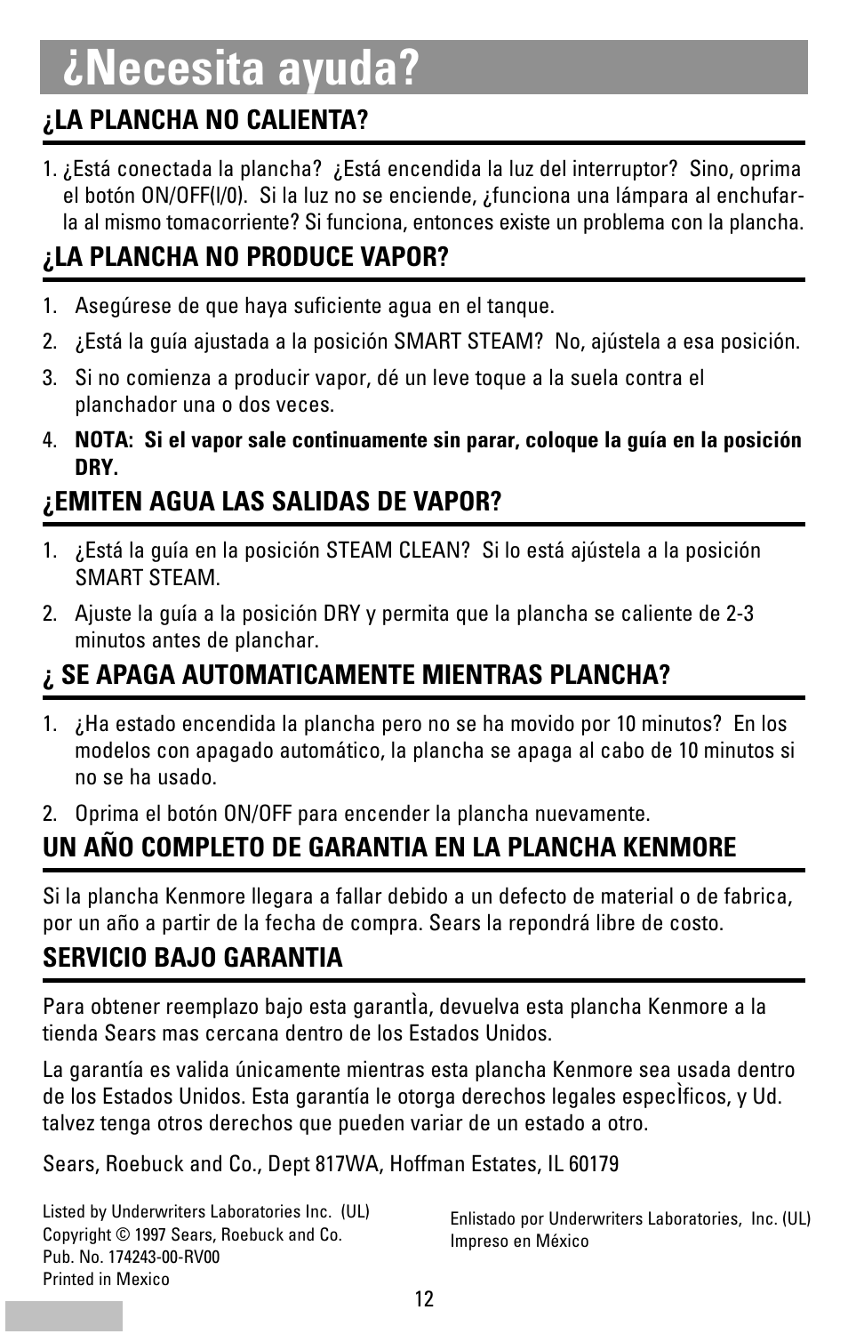 Necesita ayuda | Kenmore 62984 User Manual | Page 12 / 12