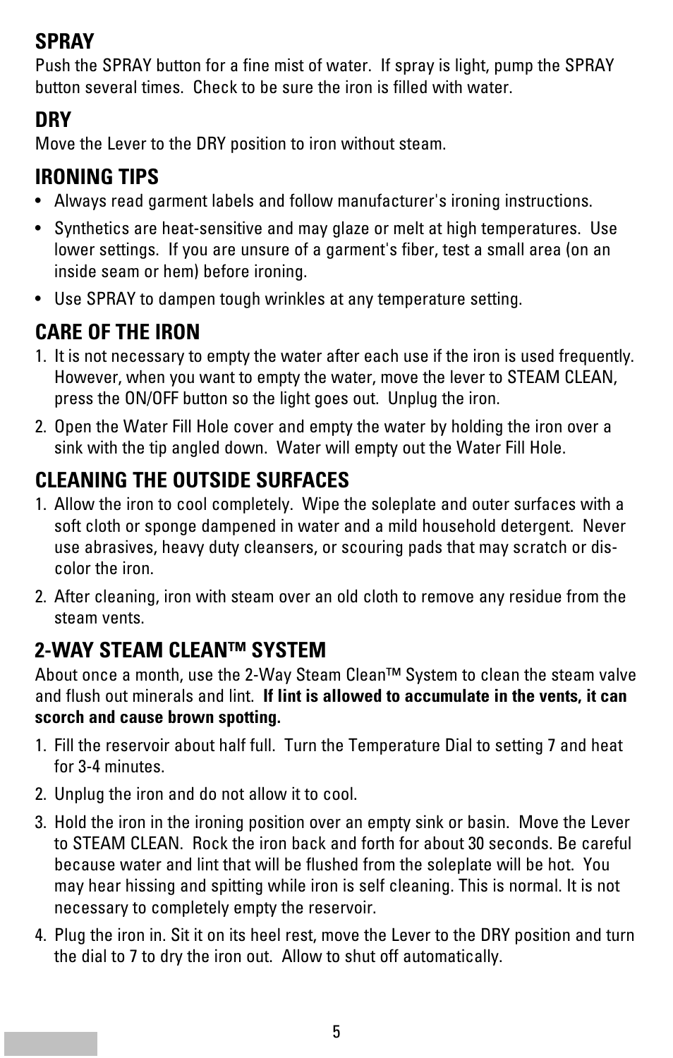 Spray, Ironing tips, Care of the iron | Cleaning the outside surfaces, Way steam clean™ system, Cover | Kenmore 62984 User Manual | Page 5 / 12