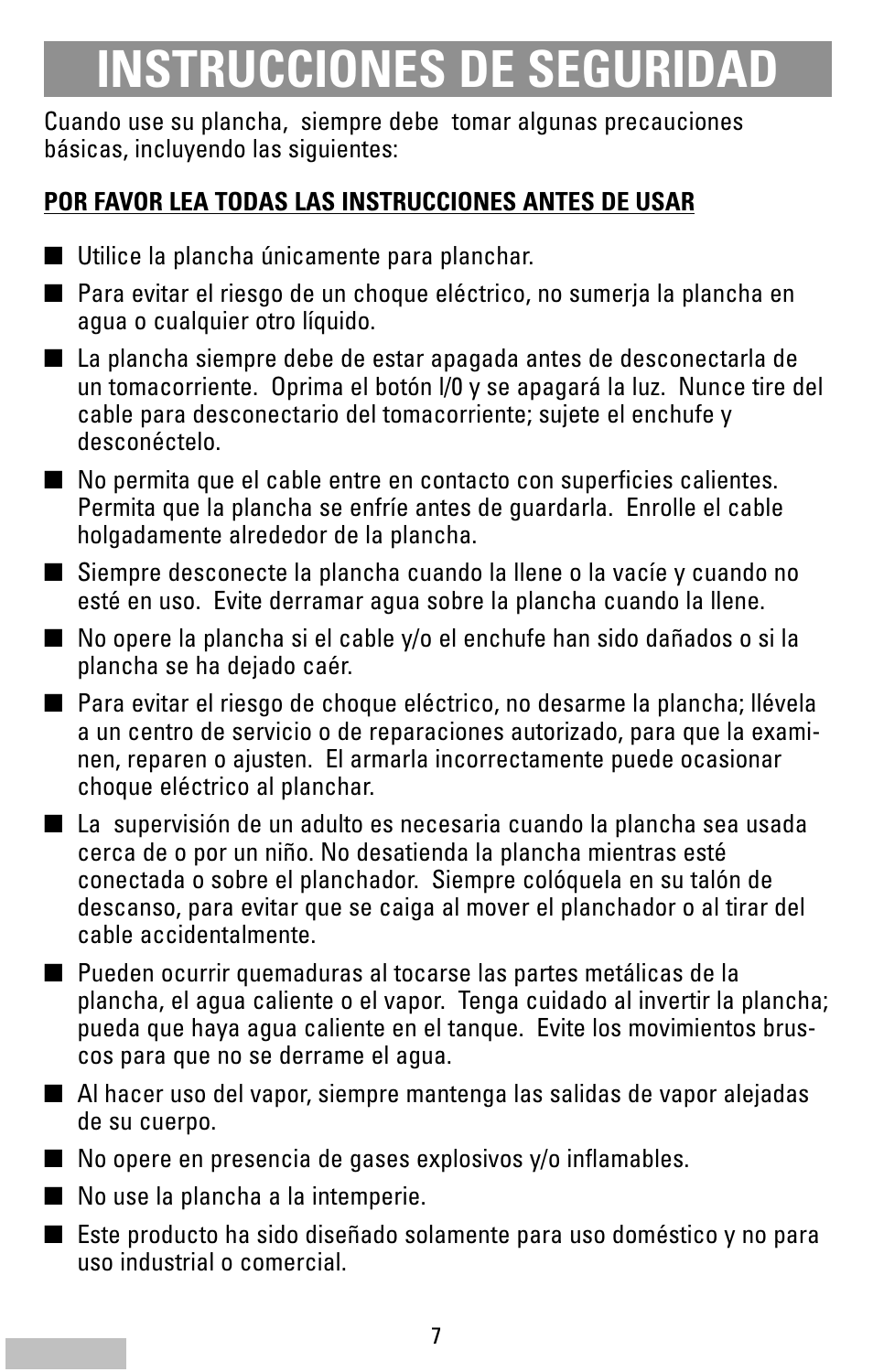 Instrucciones, Plancha de primera, Instrucciones de seguridad | Kenmore 62984 User Manual | Page 7 / 12